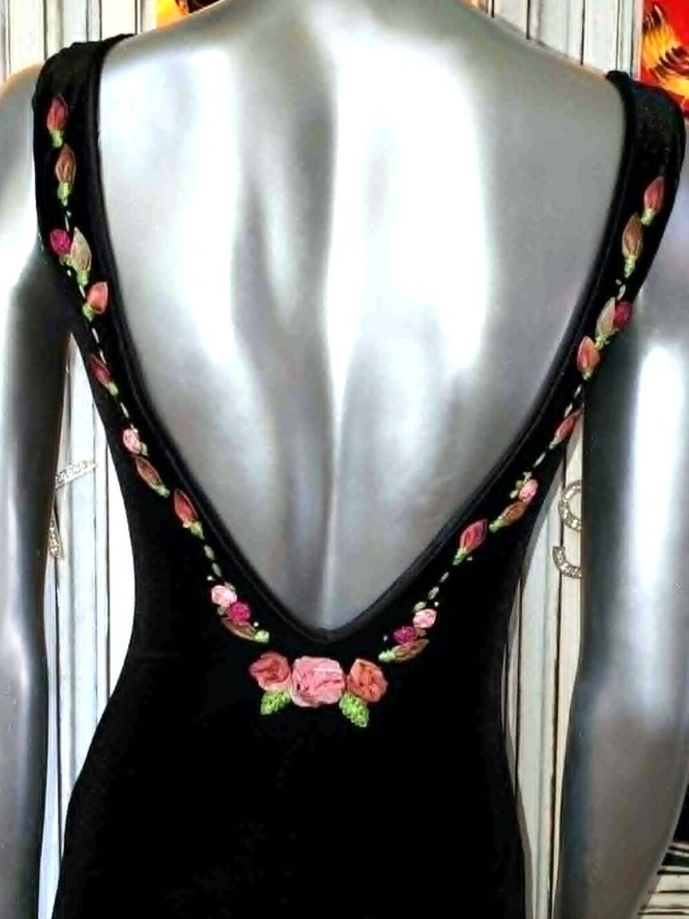 Vintage Betsey Johnson Slip Dress Evening 90s Black Velvet Backless Rose Floral - Picture 13 of 16